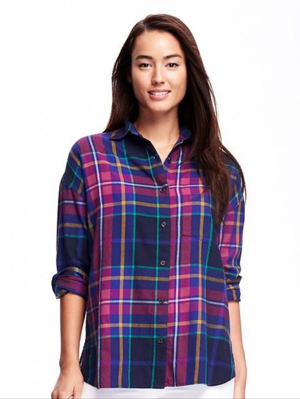 Old Navy The Boyfriend Purple and Navy Plaid Button-Down Shirt